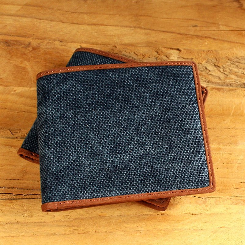 Leather Wallet - ฺBifold Canvas -สีน้ำเงิน(Canvas & Cow Leather) / 钱包/ 皮包/ 短夹/牛皮 - กระเป๋าสตางค์ - หนังแท้ สีน้ำเงิน