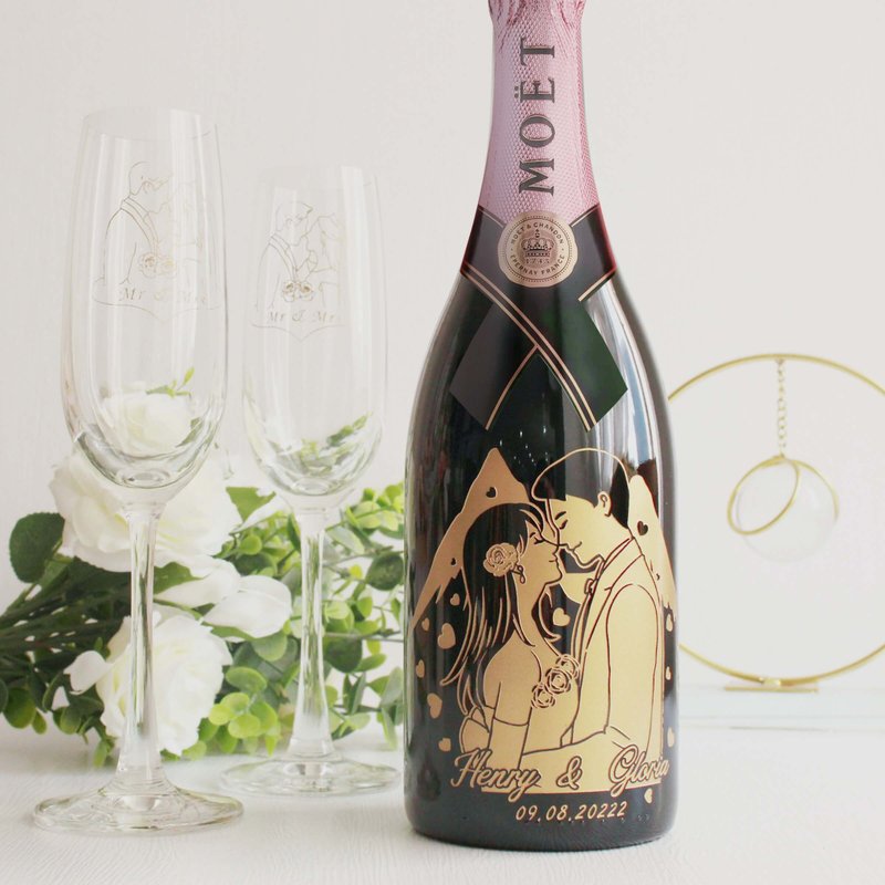 新婚禮物|訂製Moet玫瑰香檳慶祝新婚套裝 結婚禮物情侶禮物客製化 - 酒類 - 玻璃 
