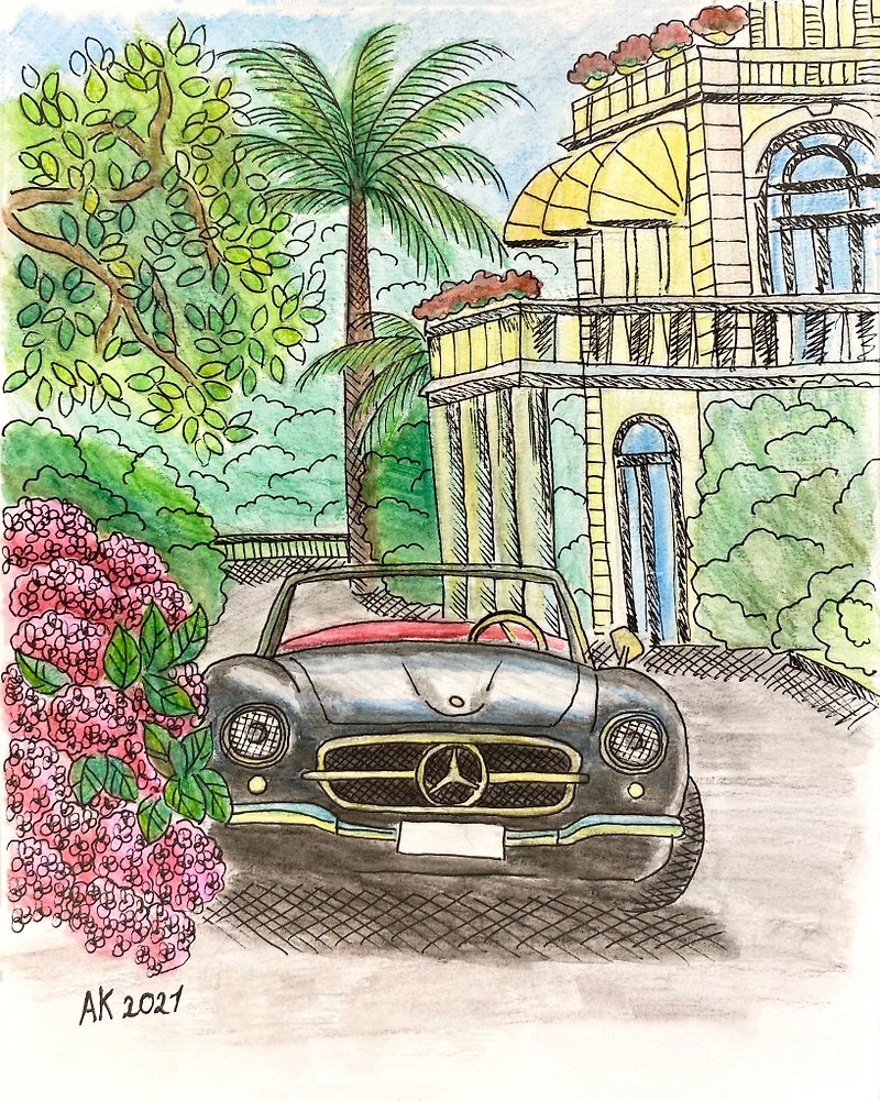 Vacation watercolor painting, Mercedes SL car, lake Como hotel, Italy artwork - Wall Décor - Other Materials Green