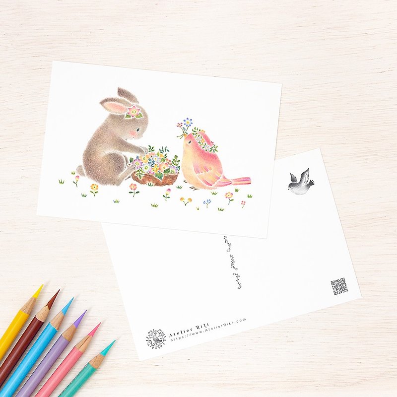 Set of 5 pieces. Like a picture book. Postcard "Friendly Rabbit and Little Bird" PC-428 - Cards & Postcards - Paper Pink