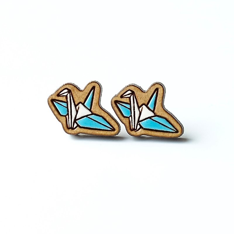 Painted wood earrings-Paper Crane (blue) - Earrings & Clip-ons - Wood Blue
