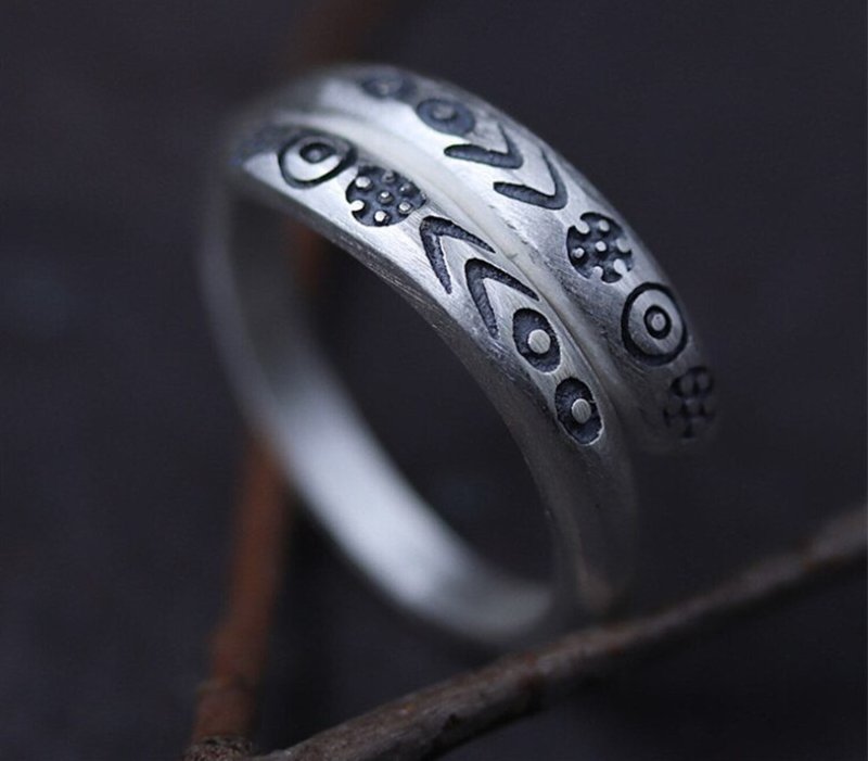 Real S990 Fine Silver Women Ethnic Opening Rings Engraved Retro Totem Flower - General Rings - Silver Silver