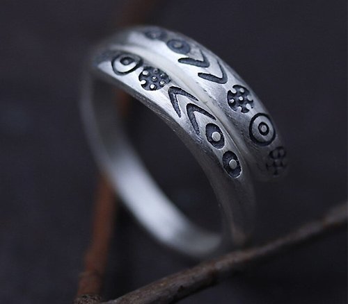 garyjewelry Real S990 Fine Silver Women Ethnic Opening Rings Engraved Retro Totem Flower
