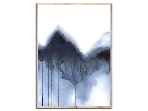 Nadya Ya Art Indigo Mountain Art Print Abstract Watercolor Painting Mountain Forest Dark Blue