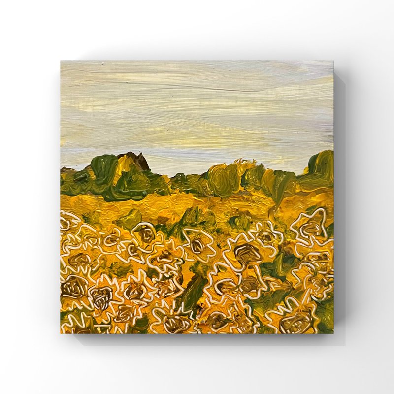 Sunflowers art Sunflower field original oil painting Small art gift from Ukraine - 海報/掛畫/掛布 - 其他材質 橘色