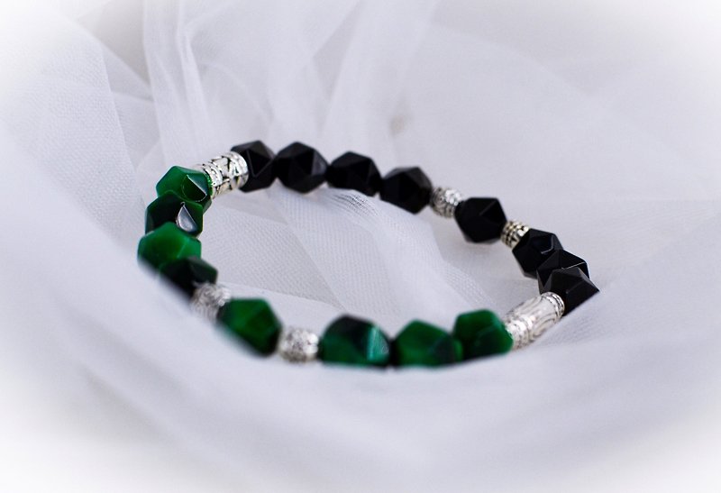 Good Luck Bracelet Diamond Cut Green Tiger Eye/Colored Stone/Obsidian/Tibetan Silver/Alloy Big Hand Wai - Bracelets - Stone 