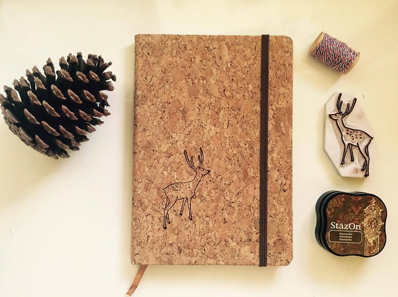 Deer cork notebook *regeneration*eraser stamp*handmade*rubber stamp*handmade stamp*hand carved - สมุดบันทึก/สมุดปฏิทิน - กระดาษ สีกากี