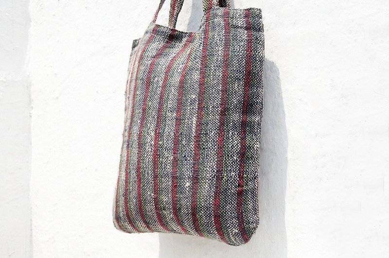 Limited hand-woven natural cotton Linen stripe lightweight hand bag / backpack / shoulder bag / shoulder bag / bag - Color Stripe - Messenger Bags & Sling Bags - Cotton & Hemp Multicolor