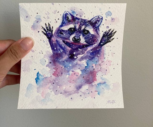 アライグマ小さな水彩画、紫アライグマ、赤ちゃんアライグマ