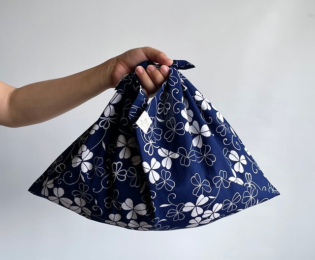 Handmade Blue Floral Drawstring Bags Reusable Kimono Fabric 
