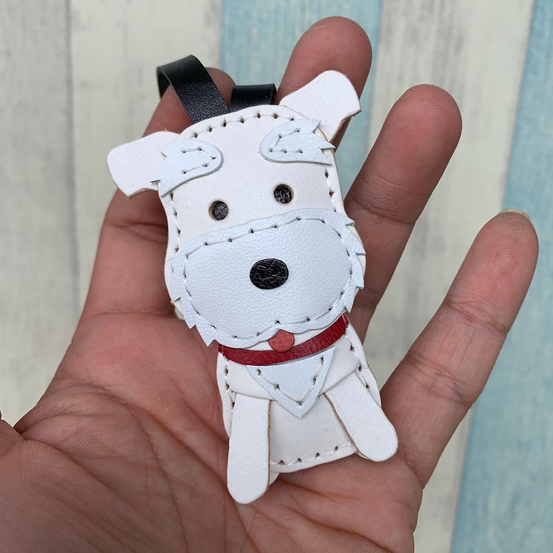 Healing small things white cute Schnauzer hand-stitched leather charm small size - พวงกุญแจ - หนังแท้ ขาว