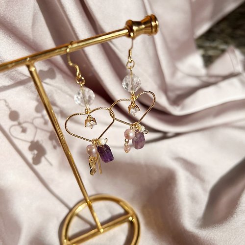 小飾 紫水晶 心型 不對稱 水晶耳環 可改夾 珍珠 長耳環 白水晶 鑽切