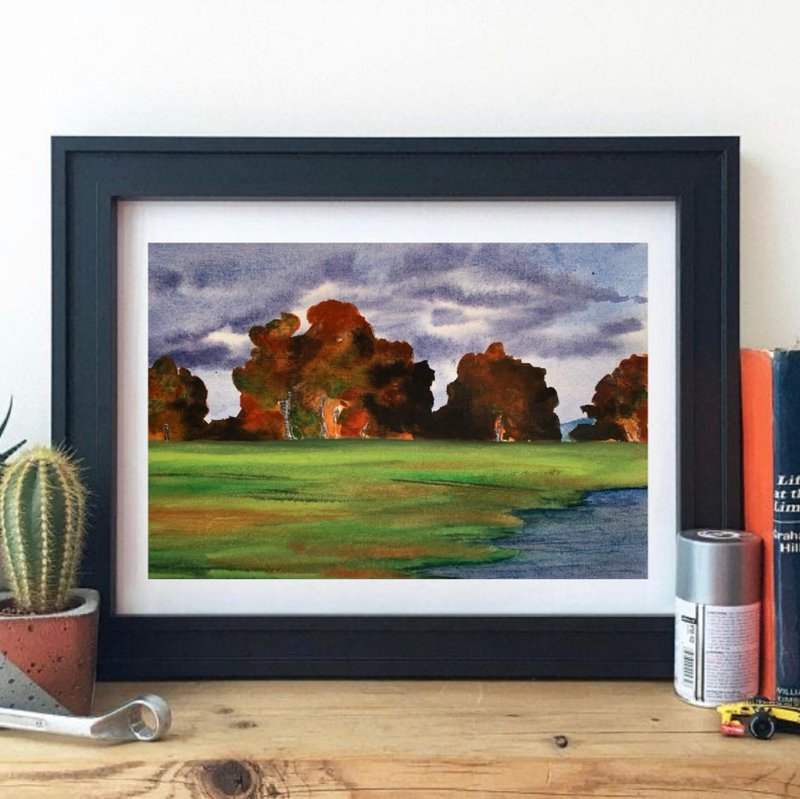 Original Watercolor Art Trees Landscape Autumn Painting Field Landscape - 壁貼/牆壁裝飾 - 紙 多色