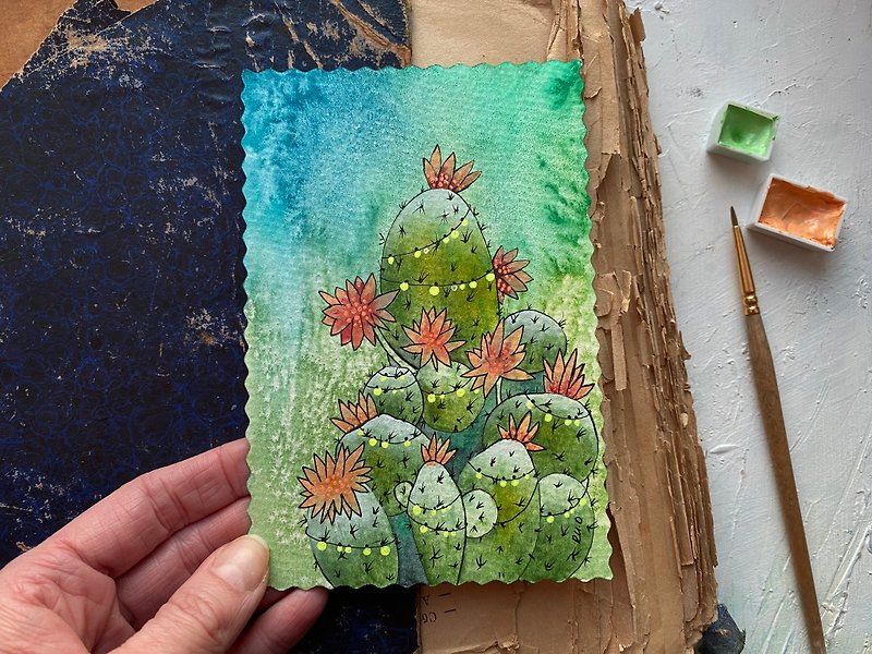 Cactus painting Handmade art Original watercolor Flowers Miniature artwork - 掛牆畫/海報 - 紙 多色