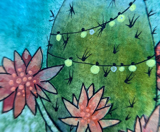 サボテンの絵手作りアートオリジナル水彩花ミニチュアアート