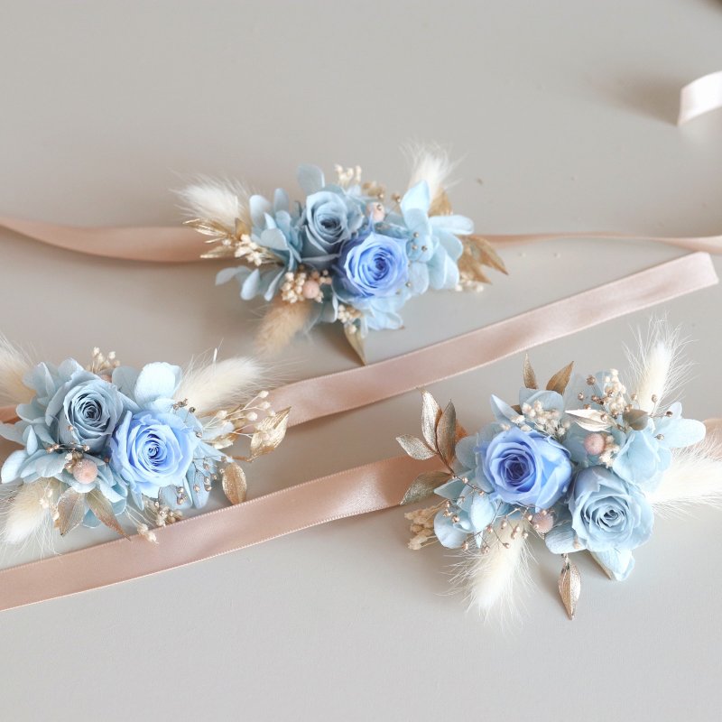 Wedding Immortal Rose Wrist Flower - Blue Gold - ช่อดอกไม้แห้ง - พืช/ดอกไม้ 