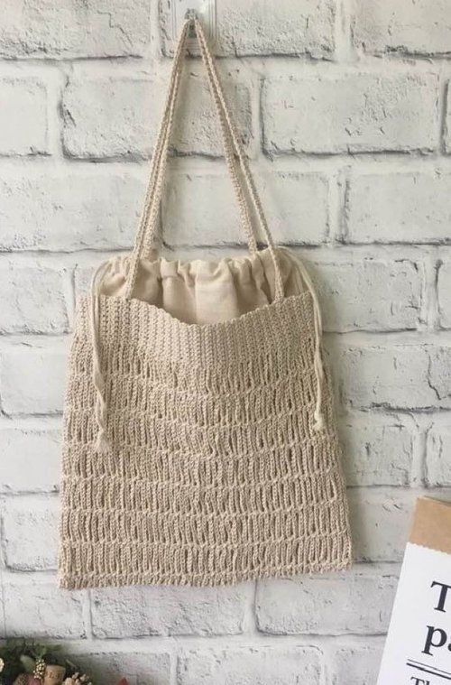 愛編織 編織愛 Love to Knit, Knit for Love 手作純棉編織流蘇包/肩揹包/海灘包/購物袋(附內袋)~米白色