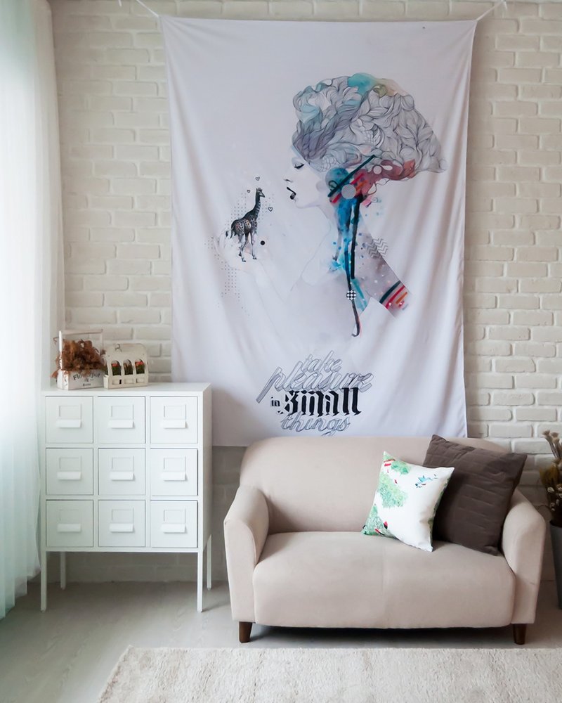 Take Pleasure in Small Things - Wall Tapestry - Decorative Hanging Cloth - โปสเตอร์ - เส้นใยสังเคราะห์ ขาว