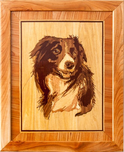 Woodins Border Collie Dog portrait inlay framed mosaic wood panel ready to hang home