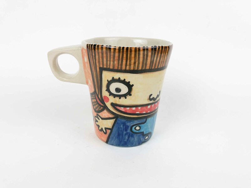 Nice Little Clay handmade cup girl with small flower cat 0134-01 - Mugs - Pottery Orange