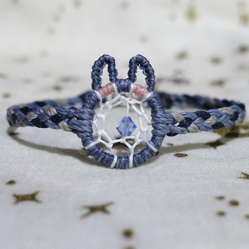 捕夢兔│藍灰│手錶款手環 │兔子 捕夢網│蠟線編織 - 手鍊/手鐲 - 防水材質 藍色