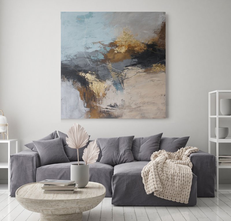 Blue Gold Painting |  Blue Gold Abstract | Blue Gold Wall Art | Flight - 壁貼/牆壁裝飾 - 棉．麻 藍色