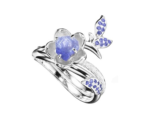 Majade Jewelry Design 坦桑石14k金藍寶石梅花求婚戒指套裝 獨特植物原石訂婚戒指組合