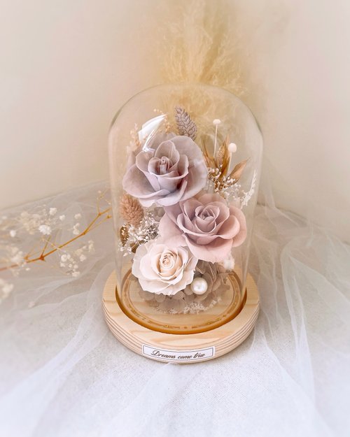 Dreams come true 永生花/乾燥花 永生花玻璃盅-溫柔奶杏 l 小夜燈 日本玫瑰 永生花玻璃罩
