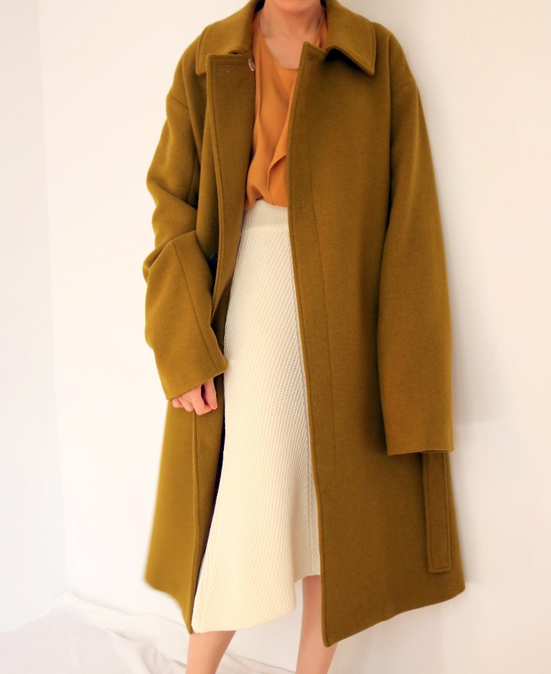 Seoul Coat 芥末棕綠中性風衣式羊毛大衣(可訂做其他顏色) - 女大衣/外套 - 羊毛 