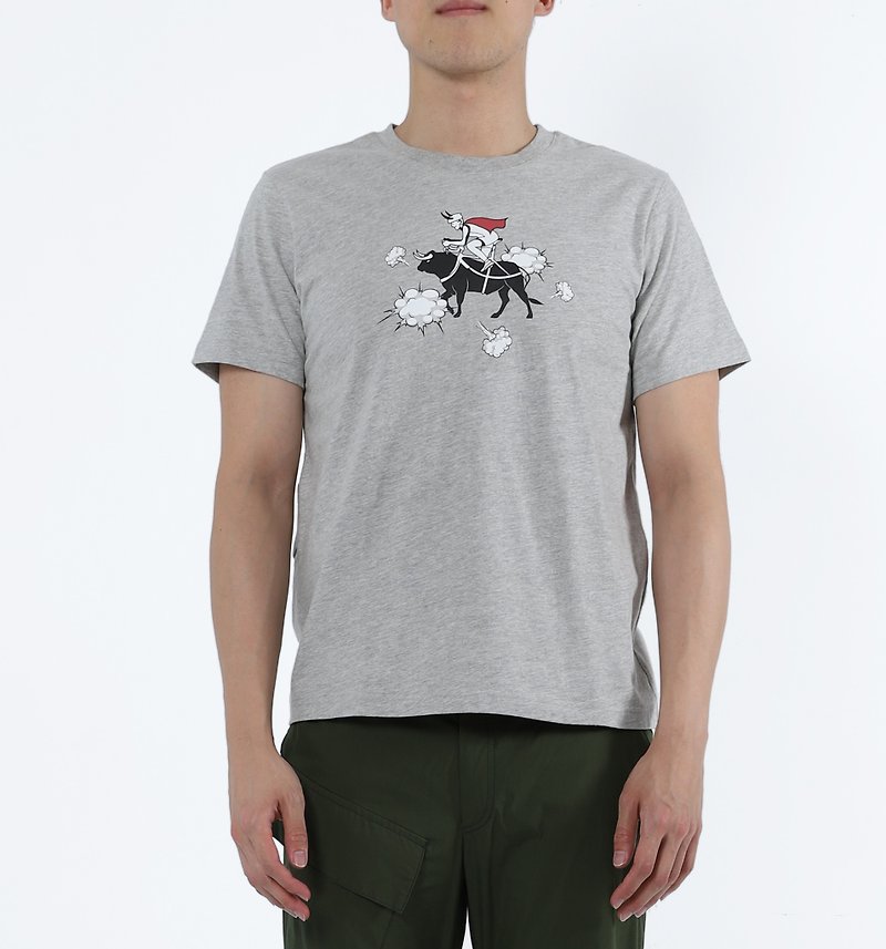 Mad Cow Syndrome-Cow Rider Print Tee (Twist Grey) - เสื้อฮู้ด - ผ้าฝ้าย/ผ้าลินิน สีเทา
