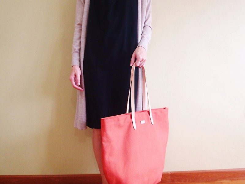 Canvas Beach Tote Bag with Leather Strap - Mustard / Terracotta - 手袋/手提袋 - 棉．麻 橘色