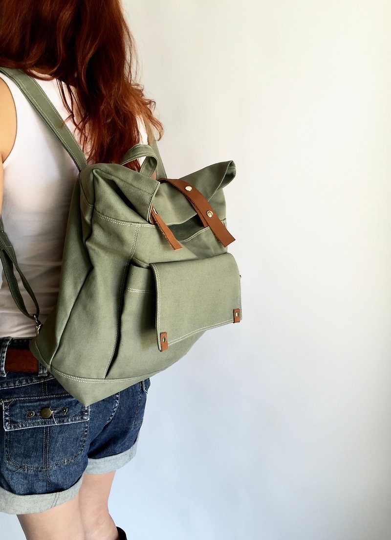 Canvas Travel backpack / School bag rucksack / - Allison in Olive(no.105) - กระเป๋าเป้สะพายหลัง - ผ้าฝ้าย/ผ้าลินิน สีเขียว