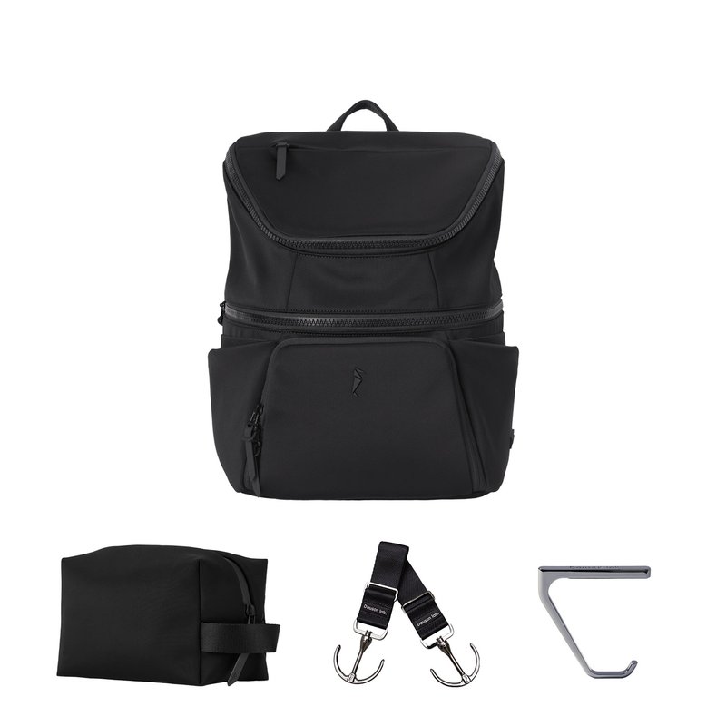 [15L Travel 4-Piece Set] Parenting Bag/Waterproof Bag/Desk Hook/Hook Value Set (Black) - กระเป๋าคุณแม่ - ไนลอน สีดำ