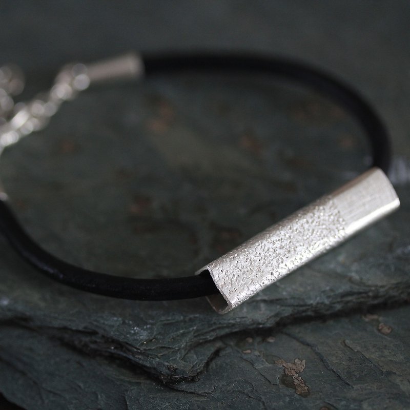 Leather bracelet handmade silver square-profile tube bead (B0067) - Bracelets - Silver Silver