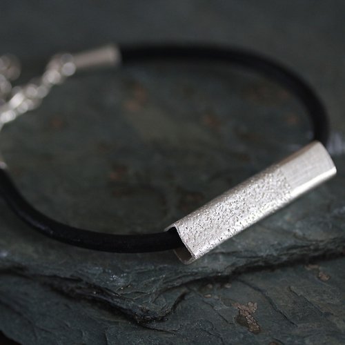 Stories of silver and silk Leather bracelet handmade silver square-profile tube bead (B0067)