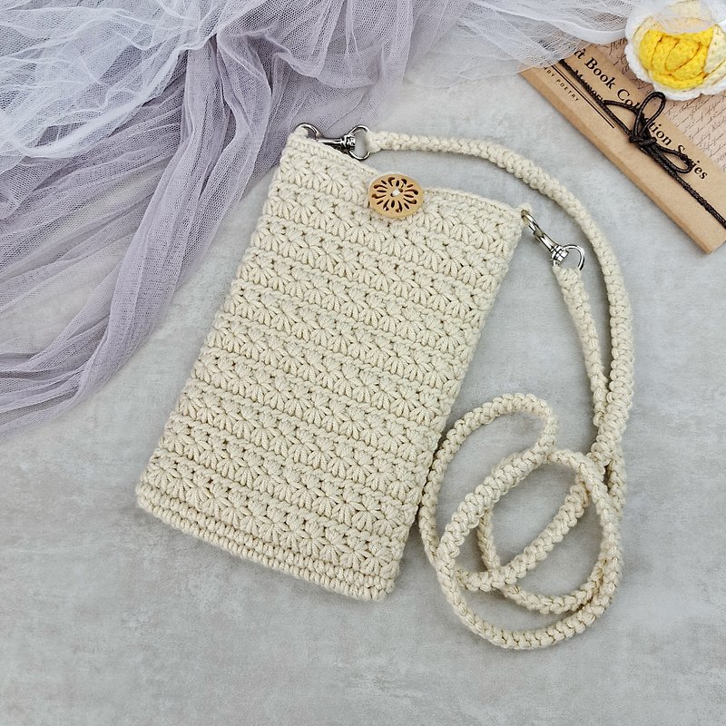 Woven Cell Phone Bag/ Hook Shoulder Bag/ Crochet Backpack/ Phone Bag (Pattern F) - กระเป๋าแมสเซนเจอร์ - ผ้าฝ้าย/ผ้าลินิน ขาว