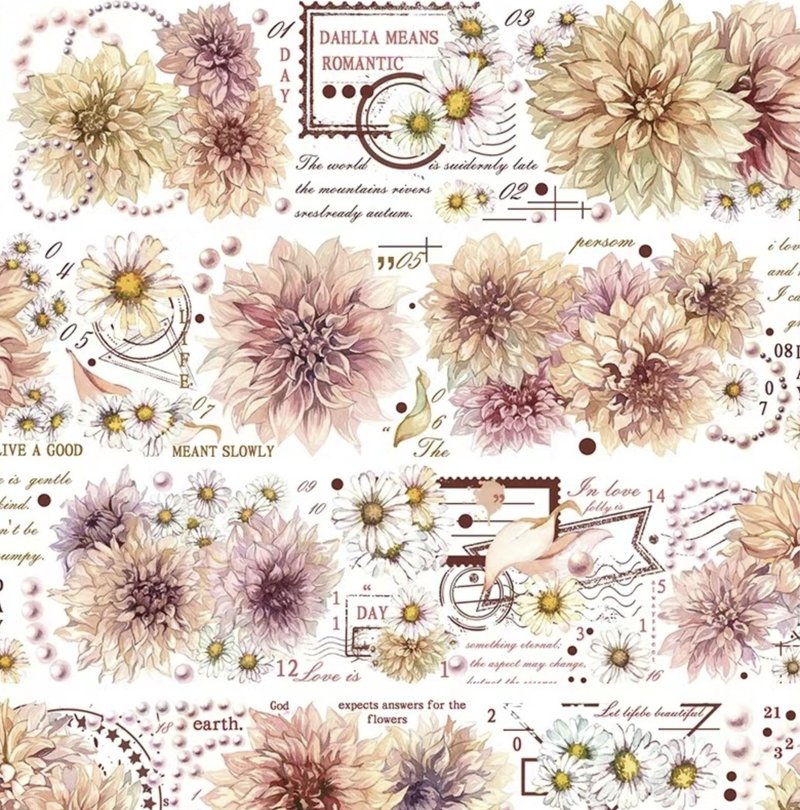 Dahlia retro flowers and postage stamp PET paper tape - Washi Tape - Other Materials Khaki