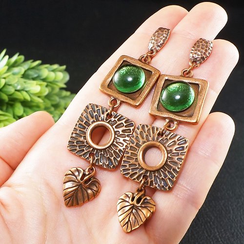 AGATIX Green Glass Copper Leaf Geometric Square Long Large Statement Earrings Jewelry