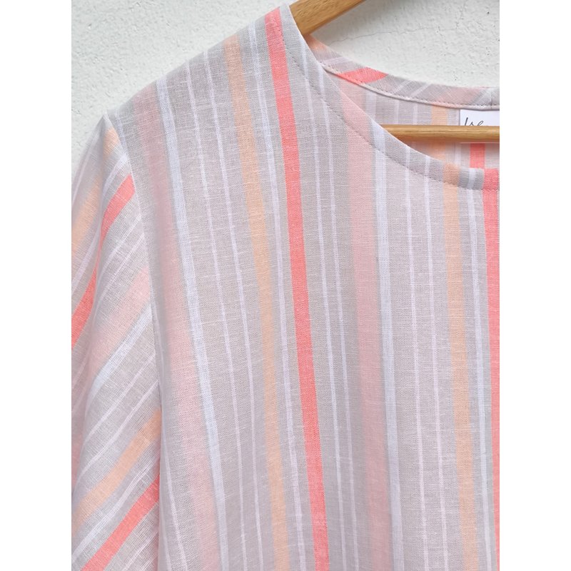 Cotton | Round neck shirt, short sleeves, striped pattern - 女上衣/長袖上衣 - 棉．麻 橘色