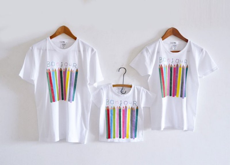 親子3人お揃い色えんぴつTシャツセット 親子おそろいコーデ 　ホワイト - 女上衣/長袖上衣 - 其他材質 