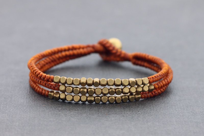 Raw Brass Cube Beads Woven Bracelets Multi Strand Brown Woven Cuff - สร้อยข้อมือ - ทองแดงทองเหลือง สีส้ม