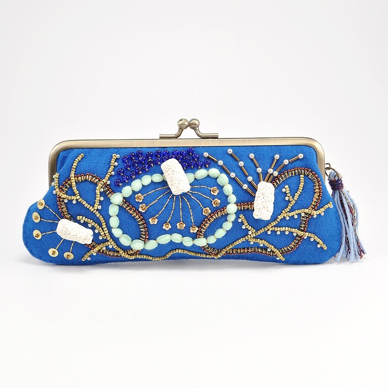 Sparkle and statement glasses and pen case, blue purse, one of a kind,  No,3 - กล่องดินสอ/ถุงดินสอ - ผ้าฝ้าย/ผ้าลินิน สีน้ำเงิน