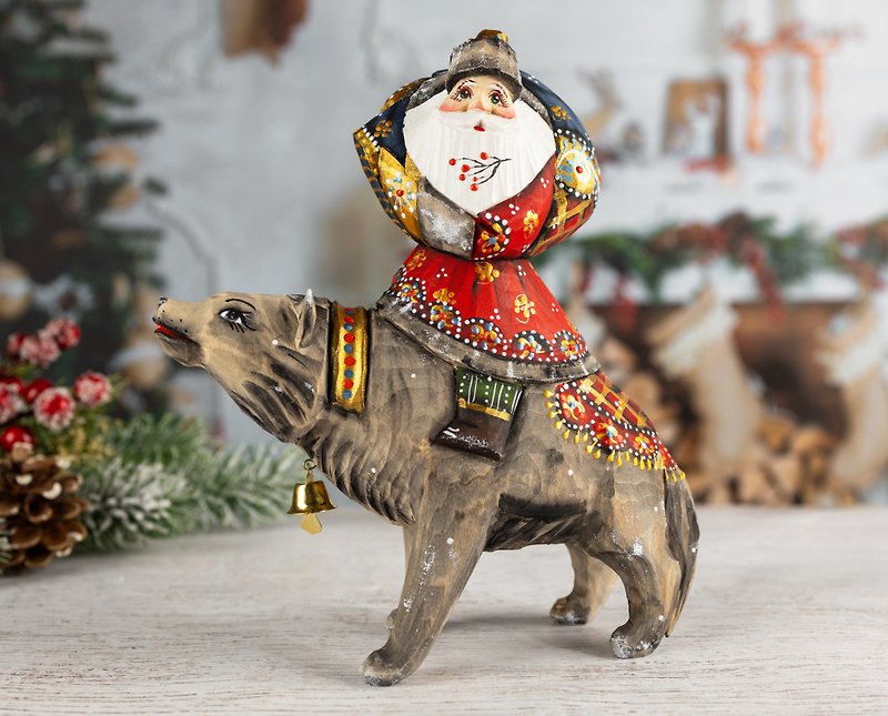 Santa Claus figurine, Carved Santa on the wolf, Hand-Carved wooden Santa