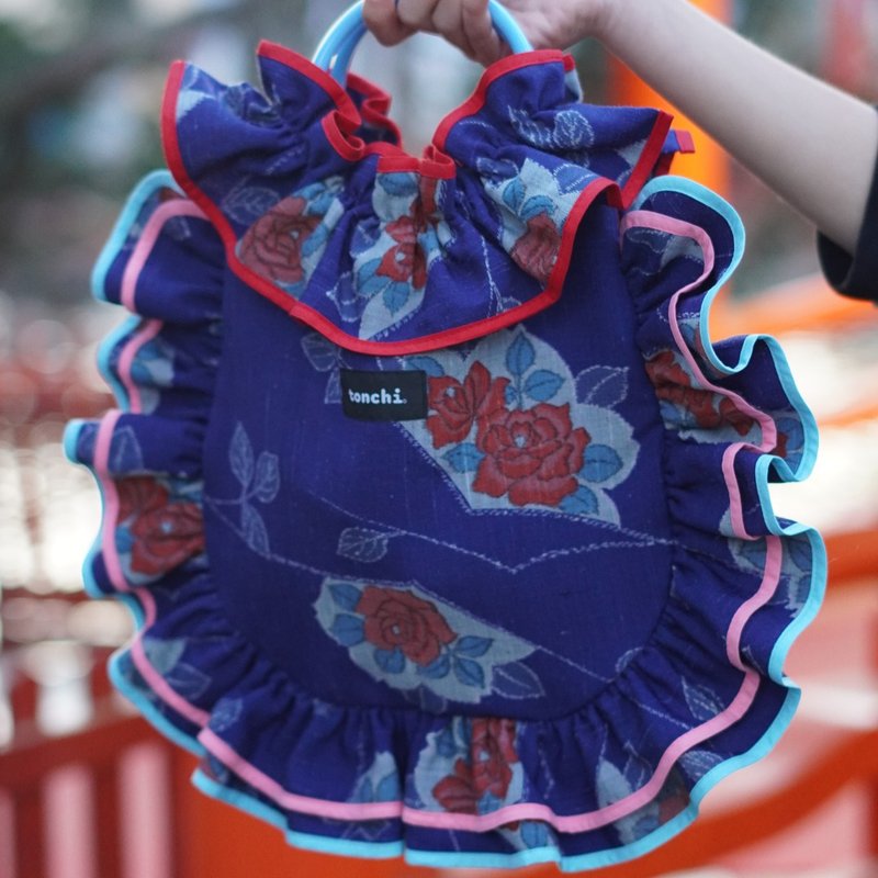 和服改造荷葉邊包   日本薔薇 - 手提包/手提袋 - 棉．麻 藍色