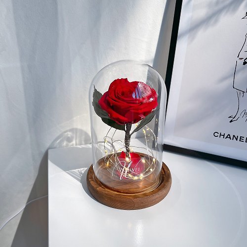 WEIWEI FLOWER 威威花藝設計 母親節禮盒畢業禮物/客製化禮物 LED單支玫瑰永生花玻璃鐘罩-多色