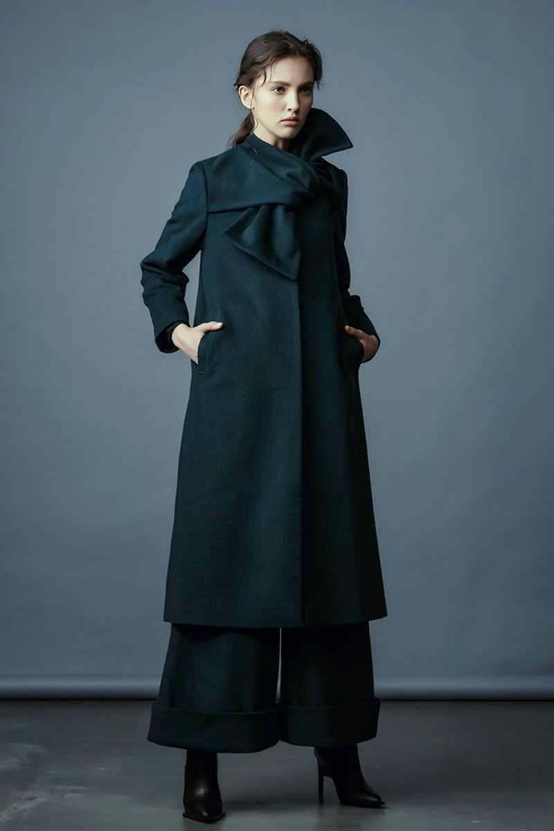 Dark green bow long coat - Women's Casual & Functional Jackets - Wool Green