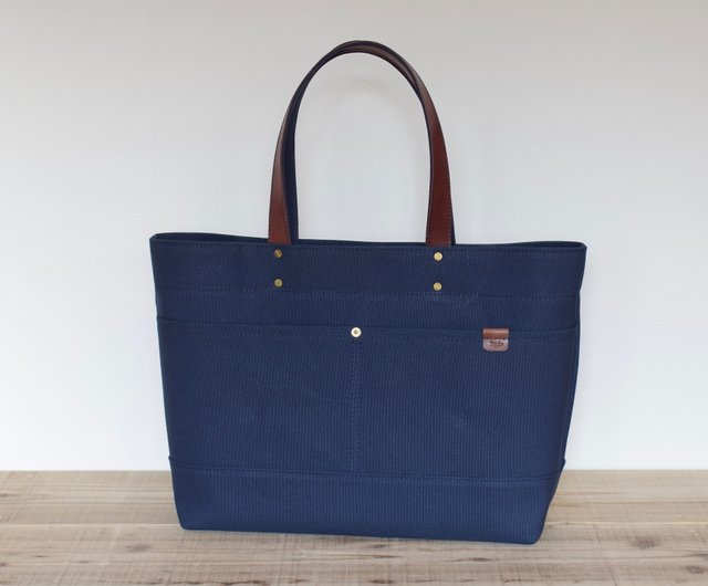 帆布とレザーのトートバッグ　底板付き　コバルトブルー×レザーネイビー【M】 帆布とレザーのトートバッグ底板付きコバルトブルー×レザー