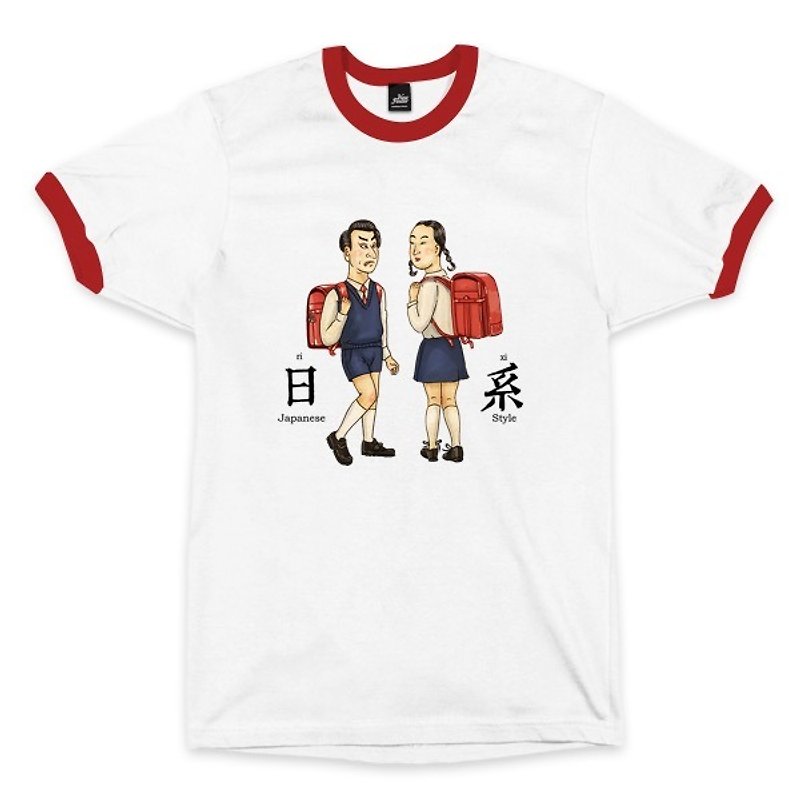 Japanese-Piping White Red-Unisex T-shirt - เสื้อยืดผู้ชาย - ผ้าฝ้าย/ผ้าลินิน ขาว