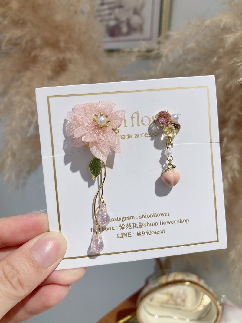 Sakura Hydrangea Three-layer Dangle Earrings x Cute and Lovely Gemstone Little Pit Tao - Earrings & Clip-ons - Plants & Flowers Pink