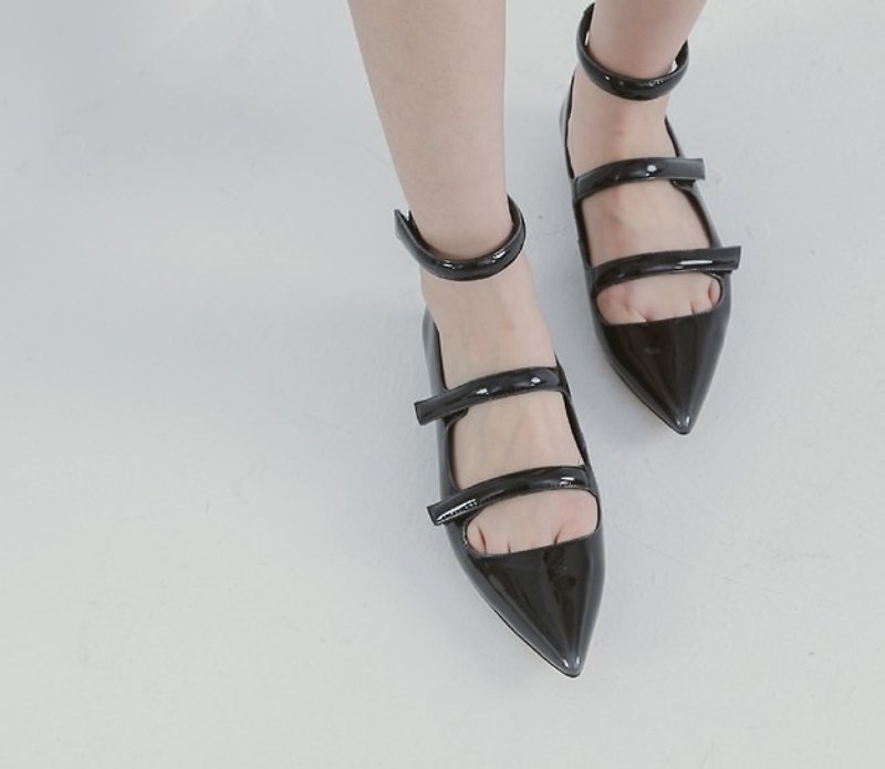 A thin strip of Velcro mirror pointed leather shoes black witch - Sandals - Genuine Leather Black